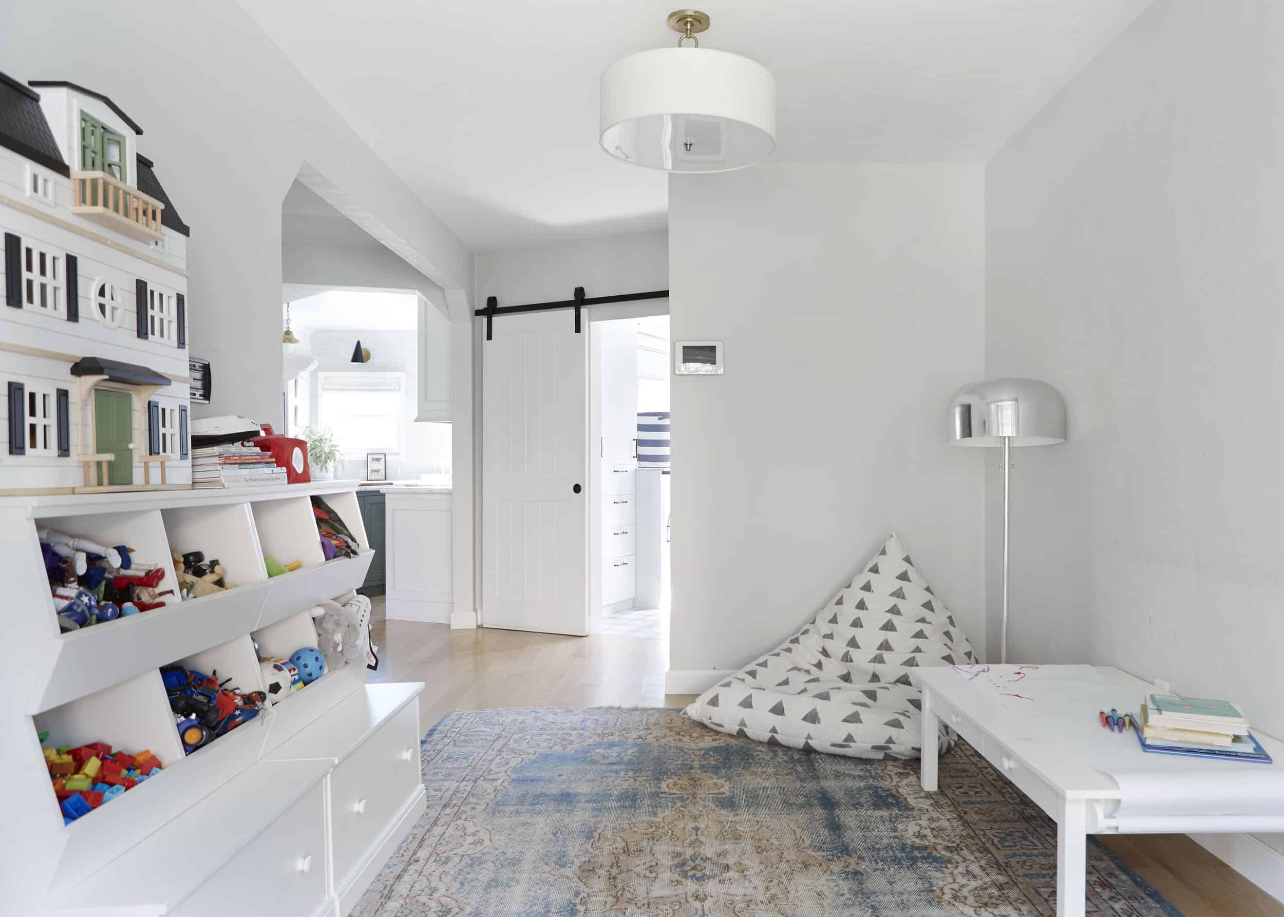 Kids Sophisticated Playroom Makeover Open Floor Plan