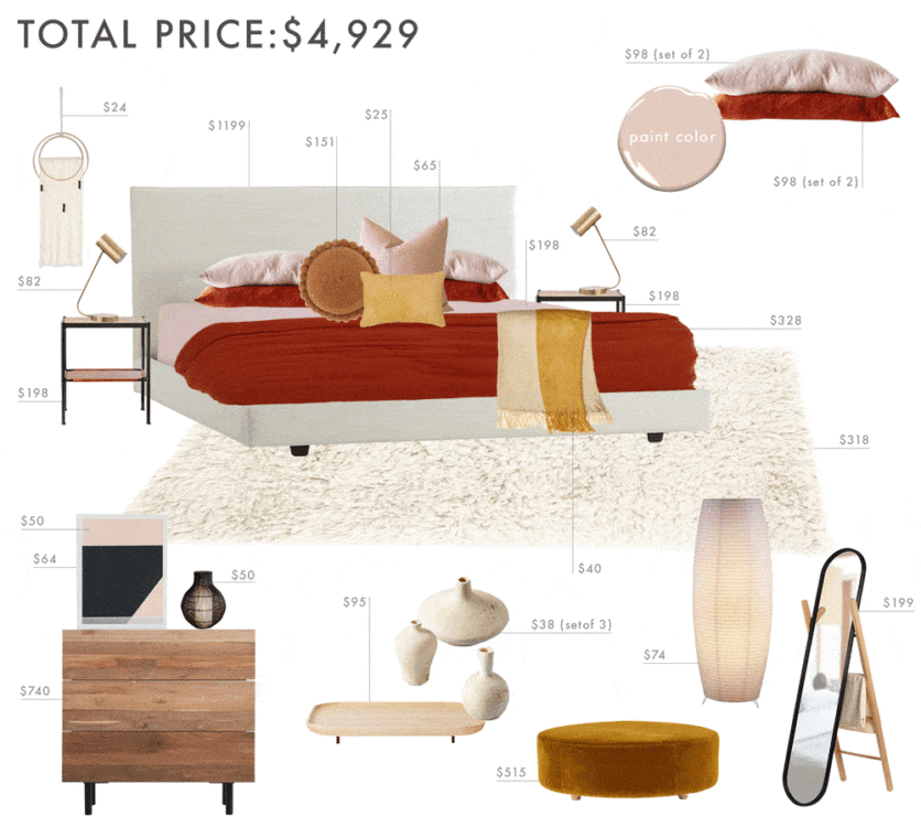 Emily Henderson Budget Room Bedroom Rust Pink Mustard Bedroom Gif