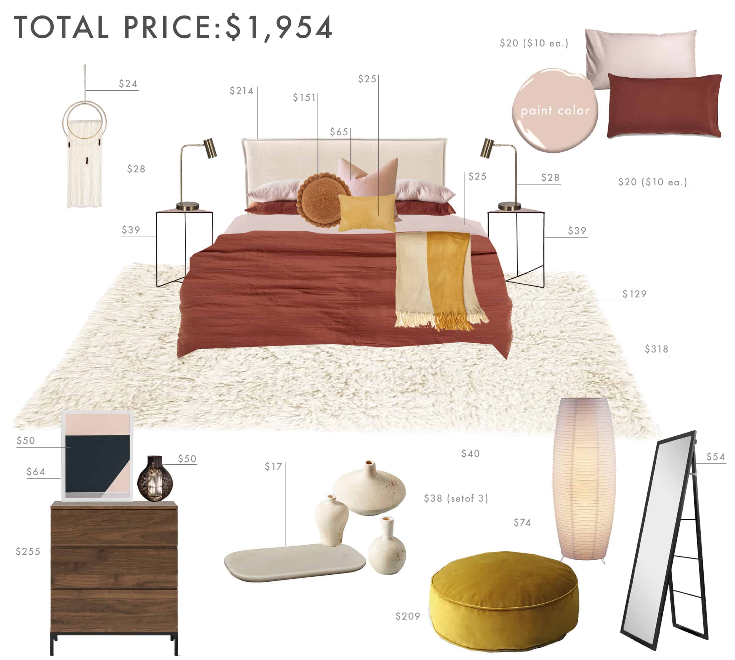 Emily Henderson Budget Room Bedroom Rust Pink Mustard Bedroom Under 2k