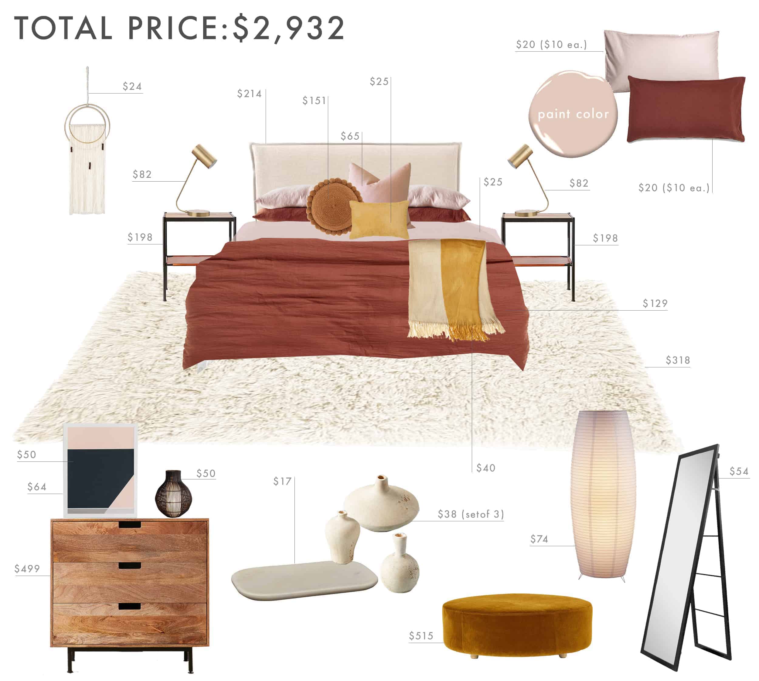 Emily Henderson Budget Room Bedroom Rust Pink Mustard Bedroom Under 3k