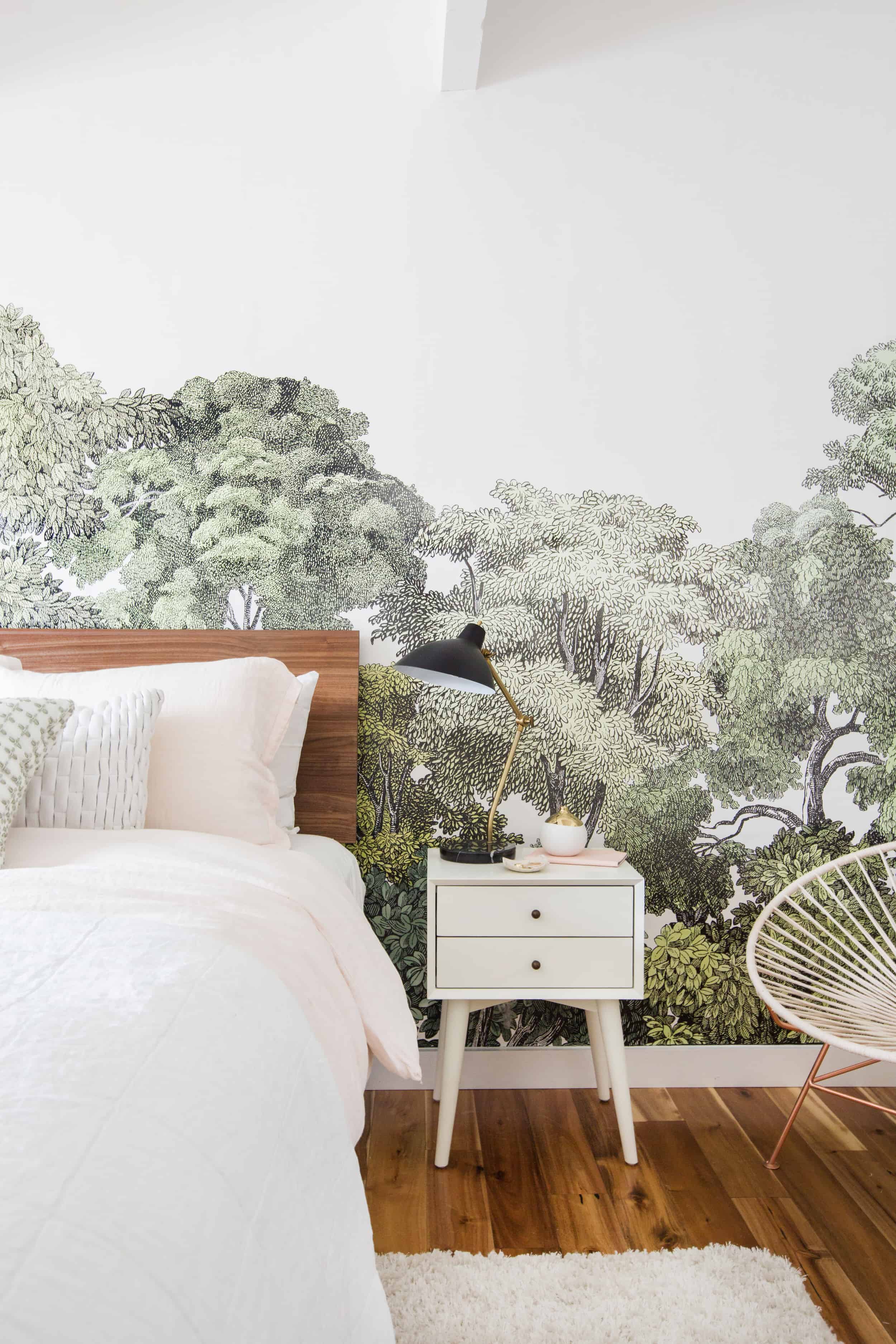 forest wallpaper white nightstand 