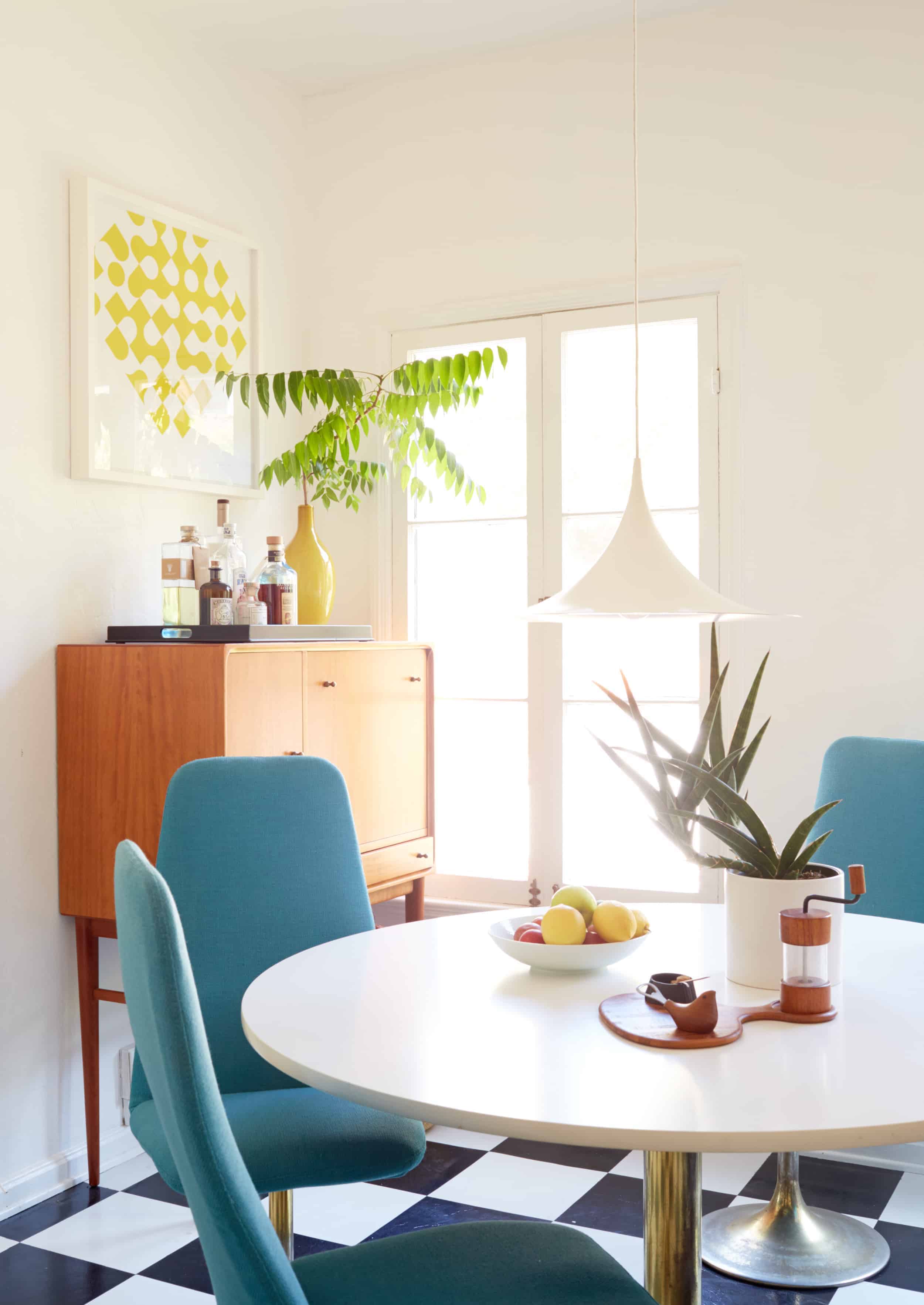 mid century modern dining room turquoise chairs 