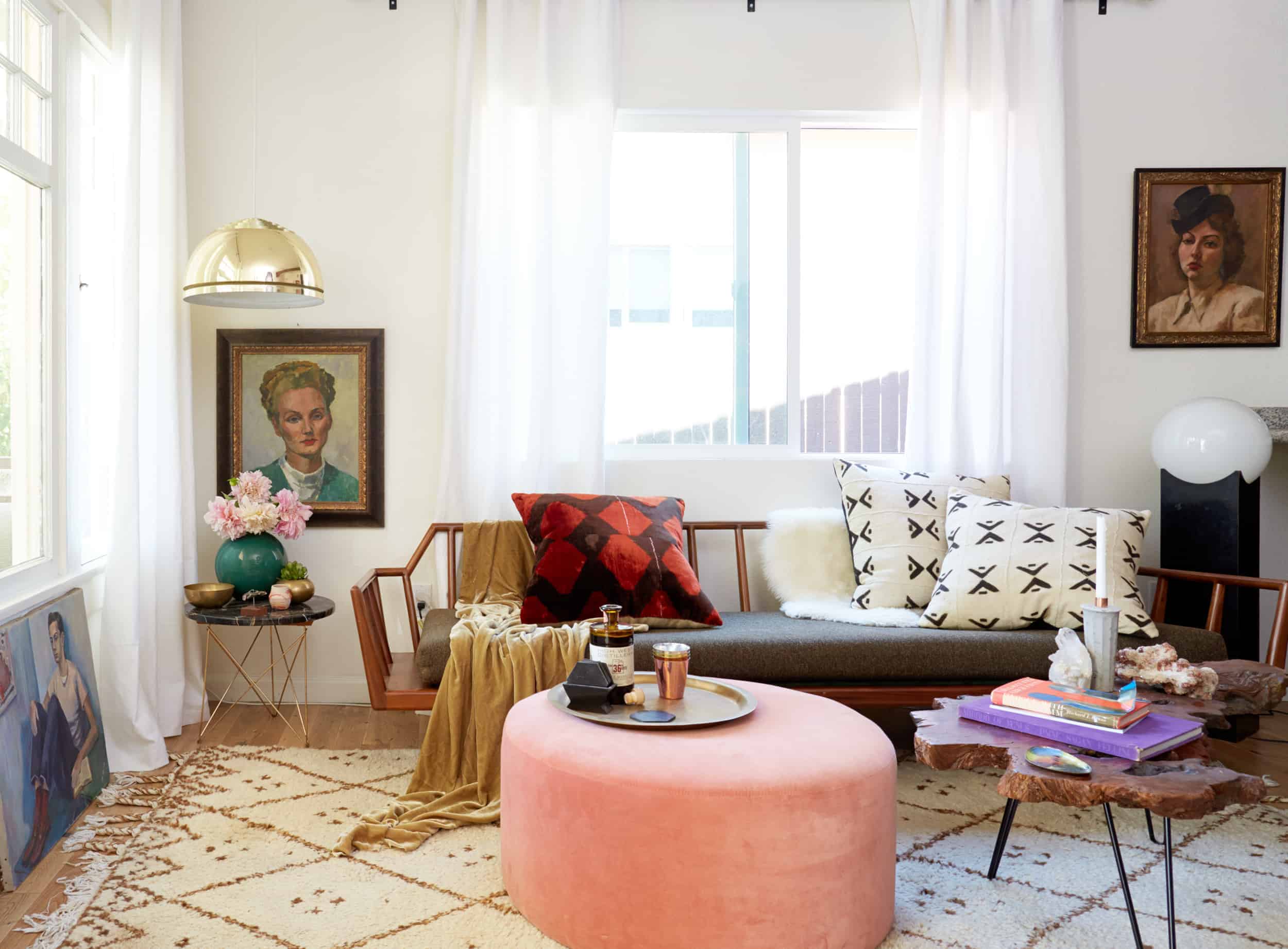 cool eclectic living room pink ottoman gold pendant vintage