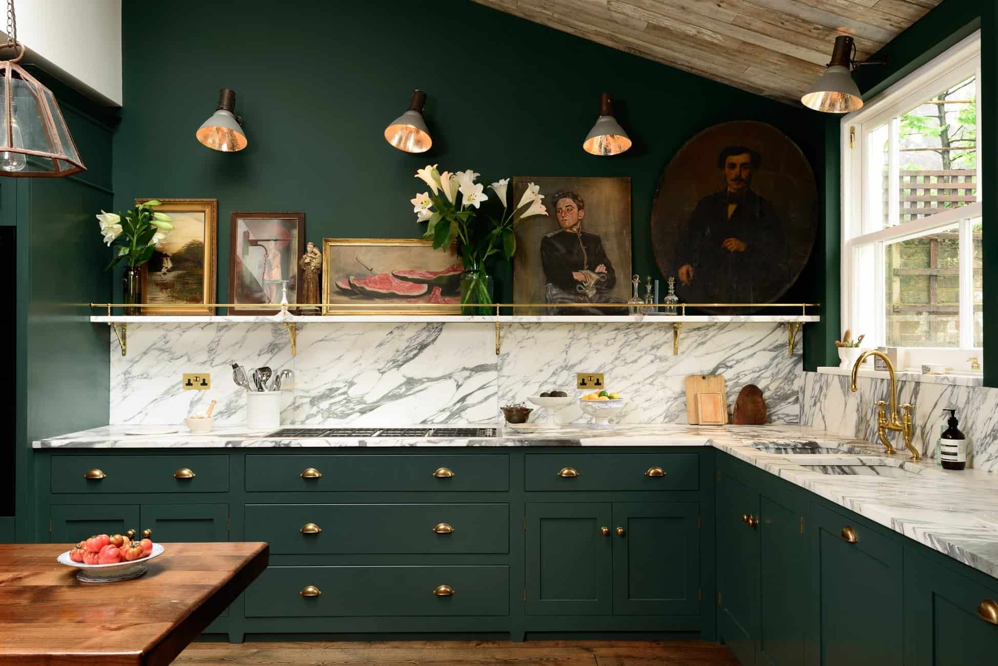 Dark Green deVol Kitchen With Marble Backsplash