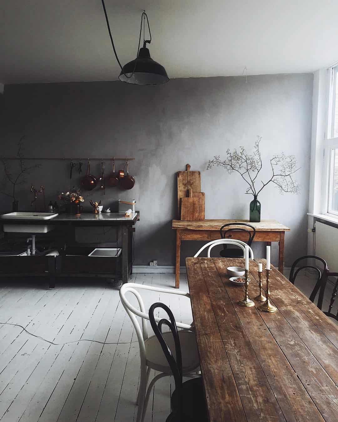 Rustic Kitchen With Pot Rail and Farmhouse Table