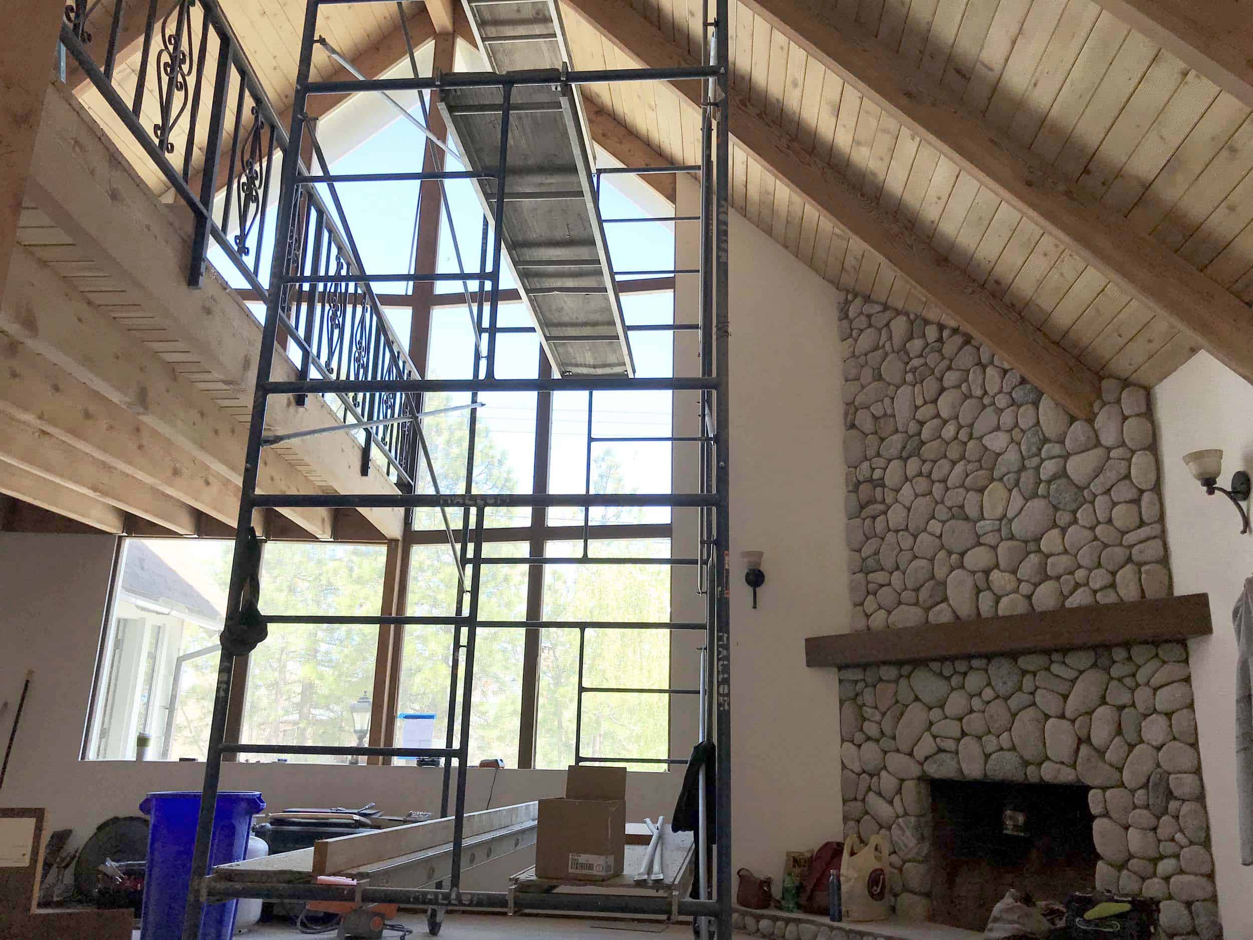 Emily Henderson Mountain Fixer Upper Sandblasting Ceiling Walnut Glass After Pic 231