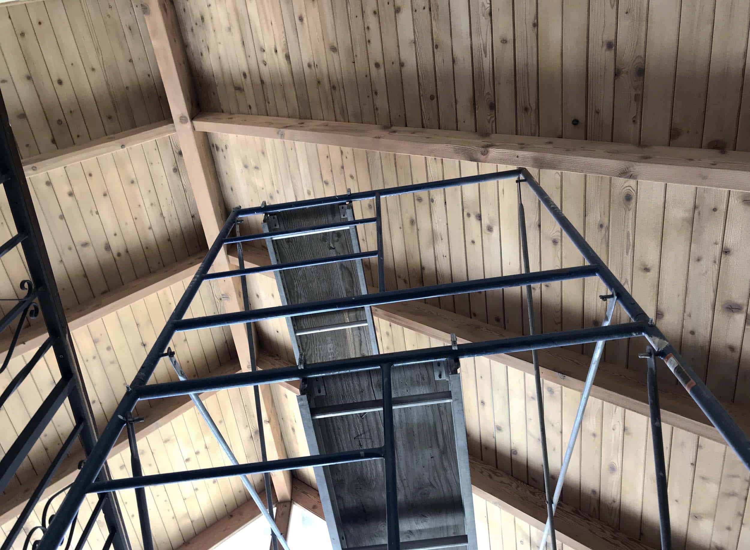 Emily Henderson Mountain Fixer Upper Sandblasting Ceiling Walnut Glass After Pic 311