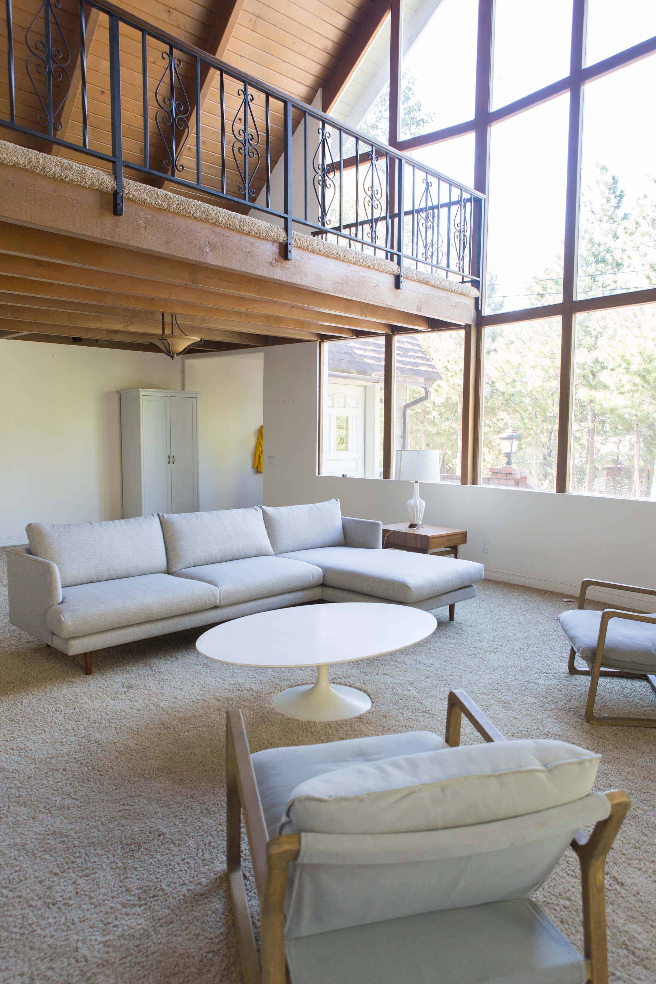 Emily Henderson Mountain Fixer Upper Sandblasting Ceiling Walnut Glass Before Pic 1