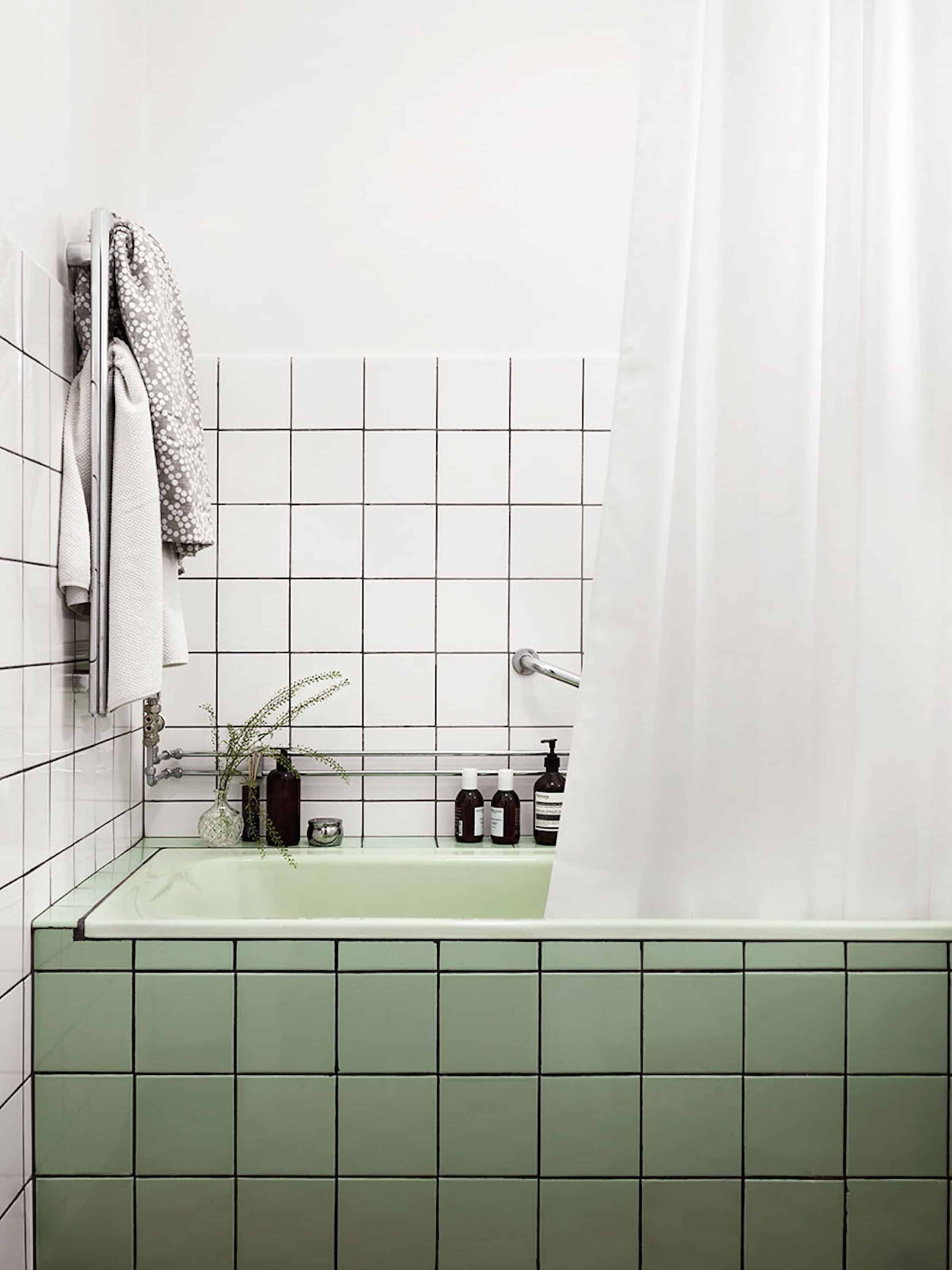 White & Green Square Tile Bathroom