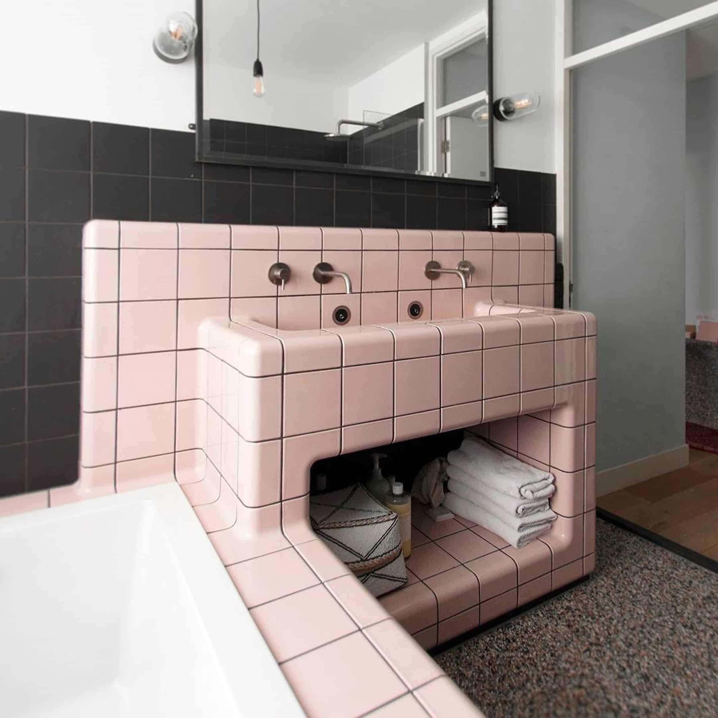 Pink & Gray Square Tile Bathroom Vanity