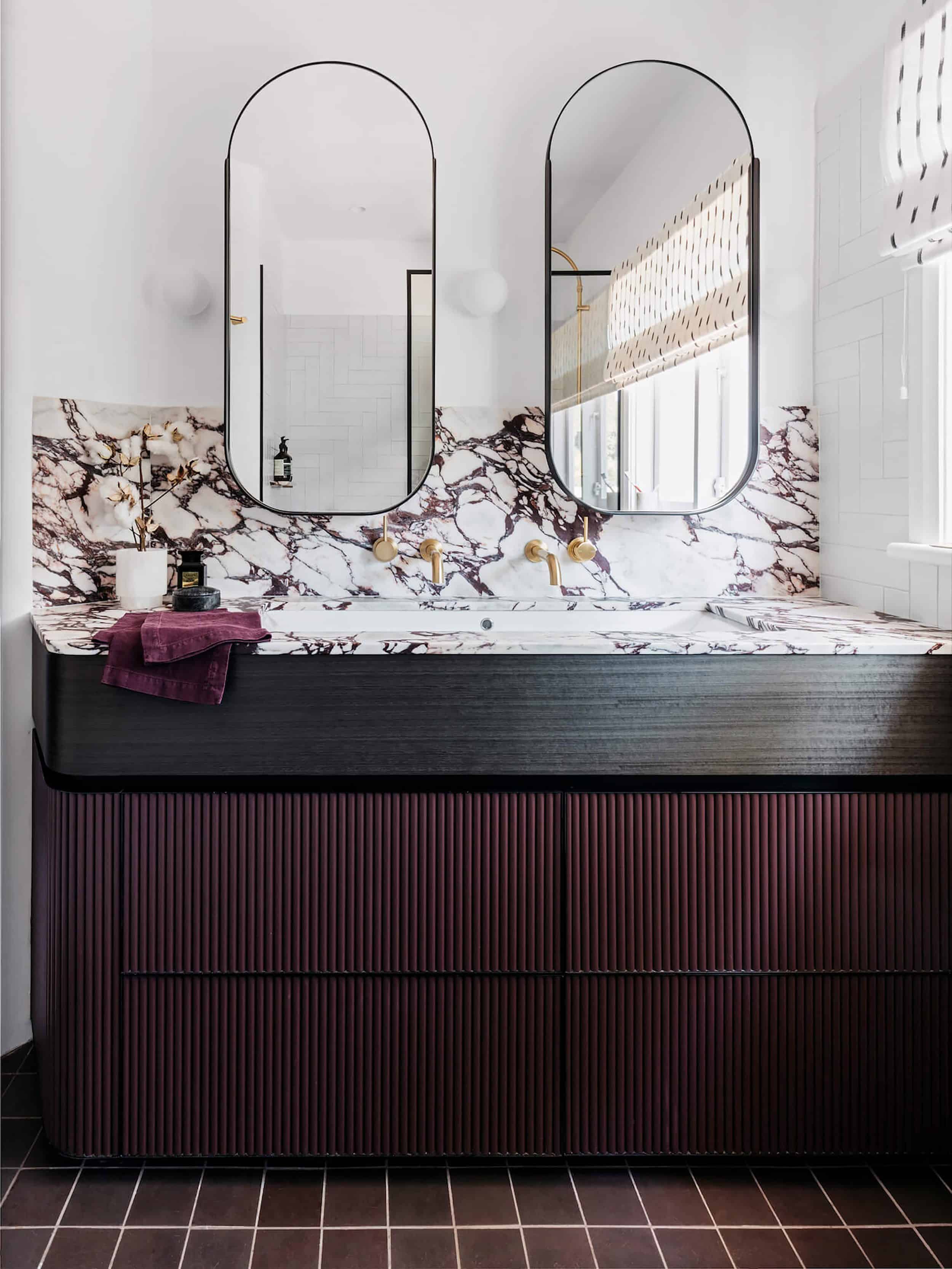 Maroon Bathroom Vanity Double Oval Mirrors