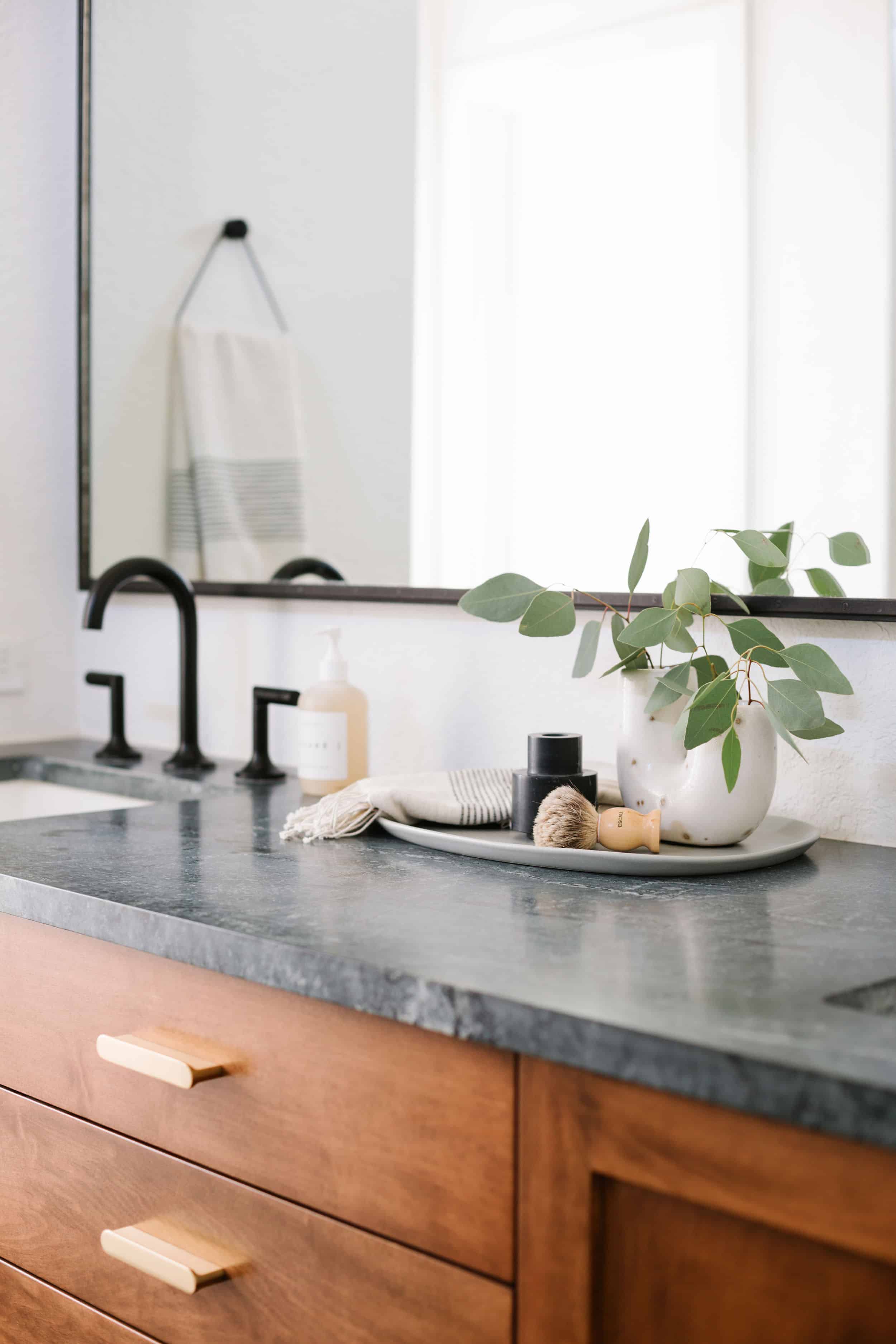 Samantha Gluck Emily Henderson Dark Stone Counters Master Bathroom1