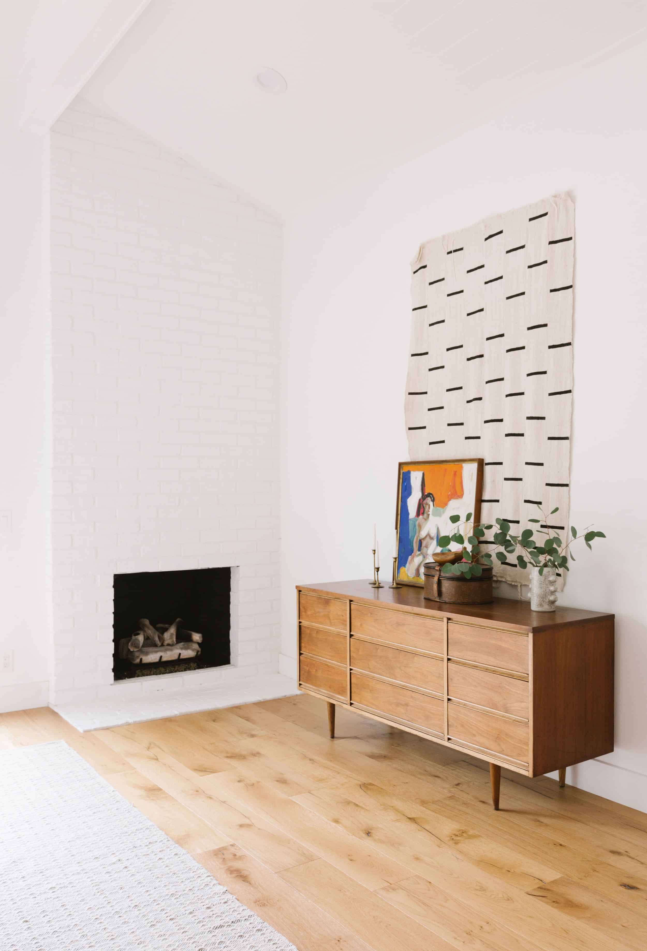 Samantha Gluck Emily Henderson Living Room Modern White Brick Fireplace