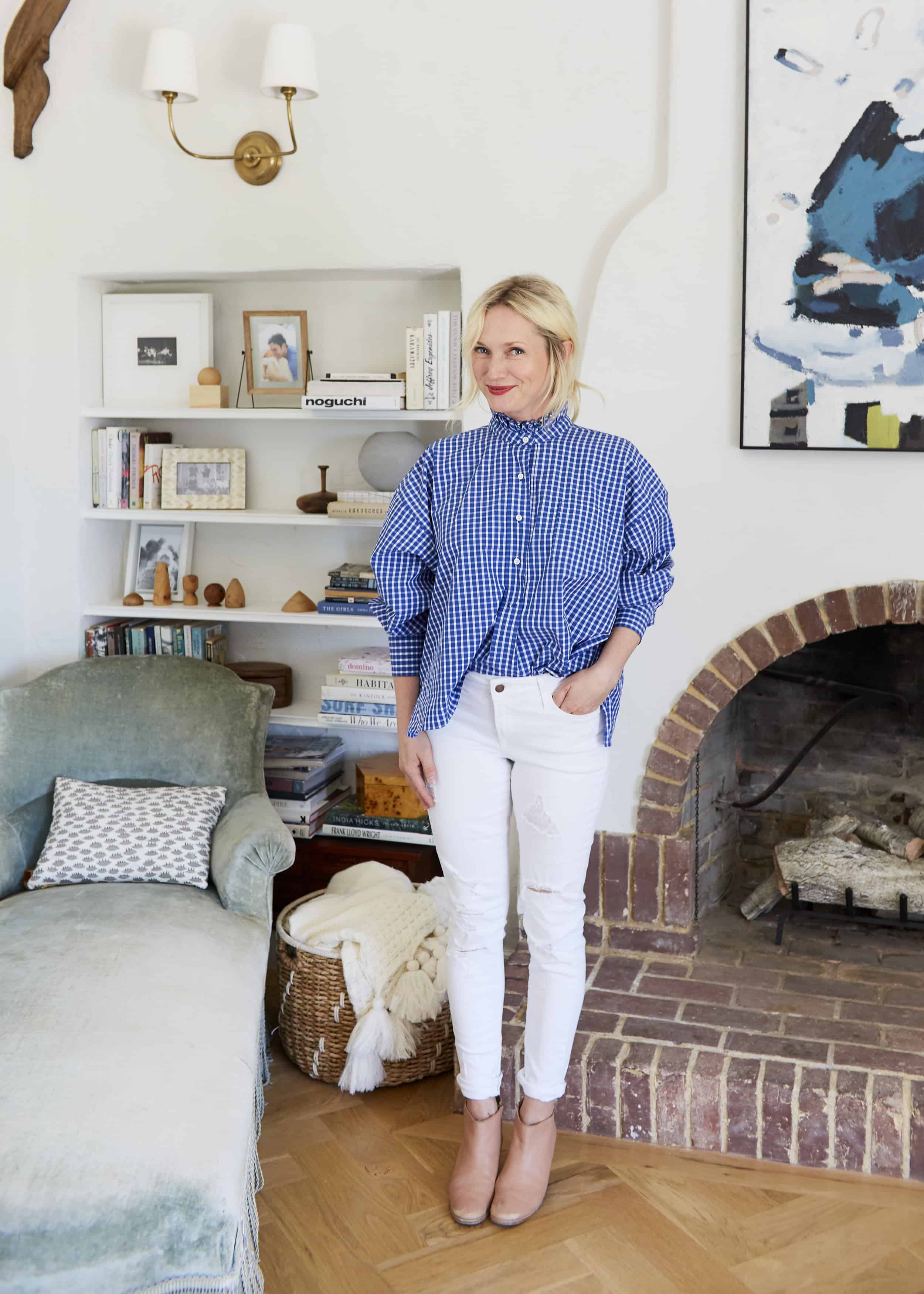 Emily Henderson Nordstroms Anniversary Sale Fall Essentials 2018 High Neck Blue Plaid Blouse Isabelle Marrant