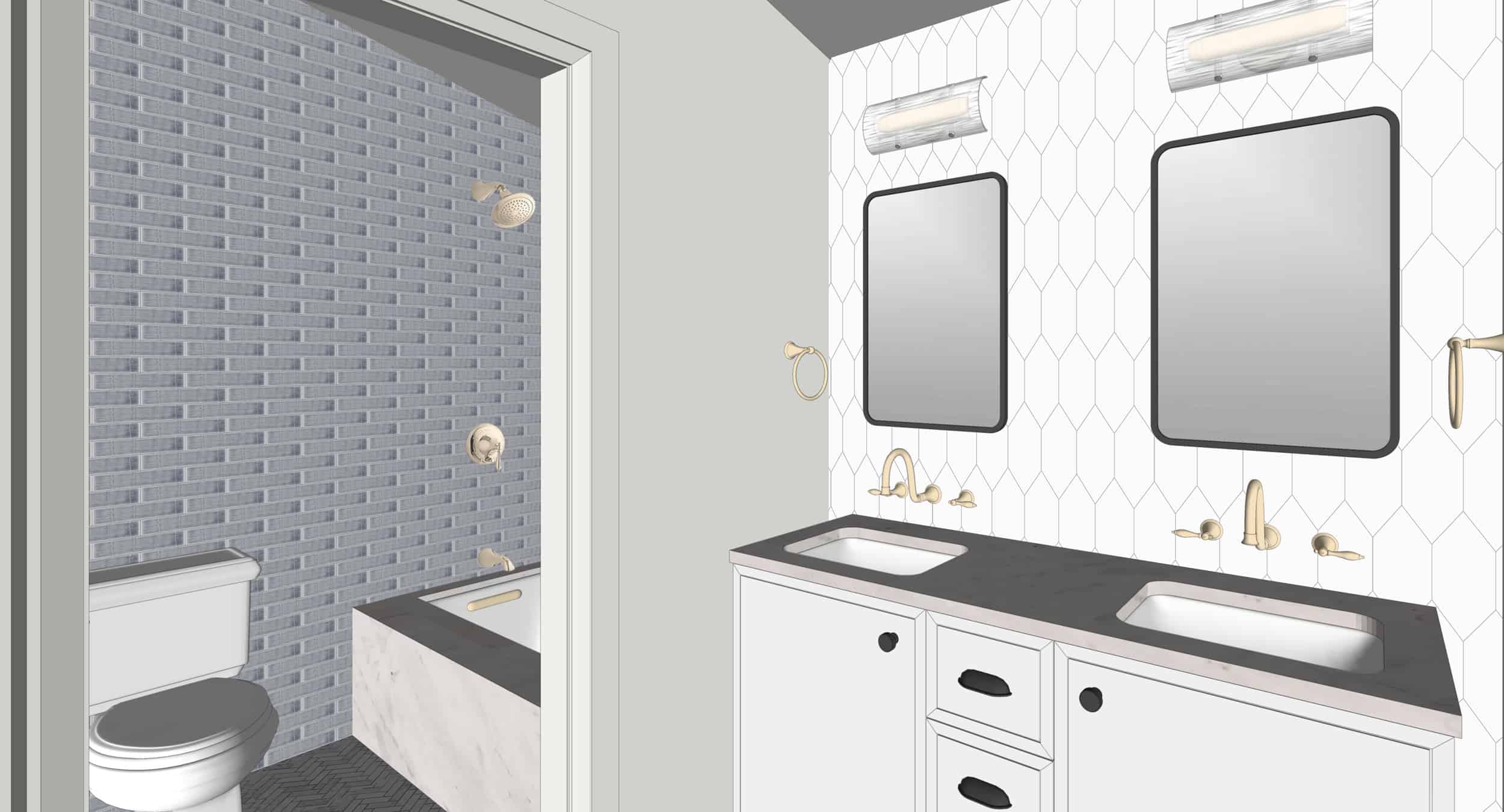 Emily Henderson Portland Traditional Fixer Upper Hall Bath Kids Vanity Toilet Shower Render 01