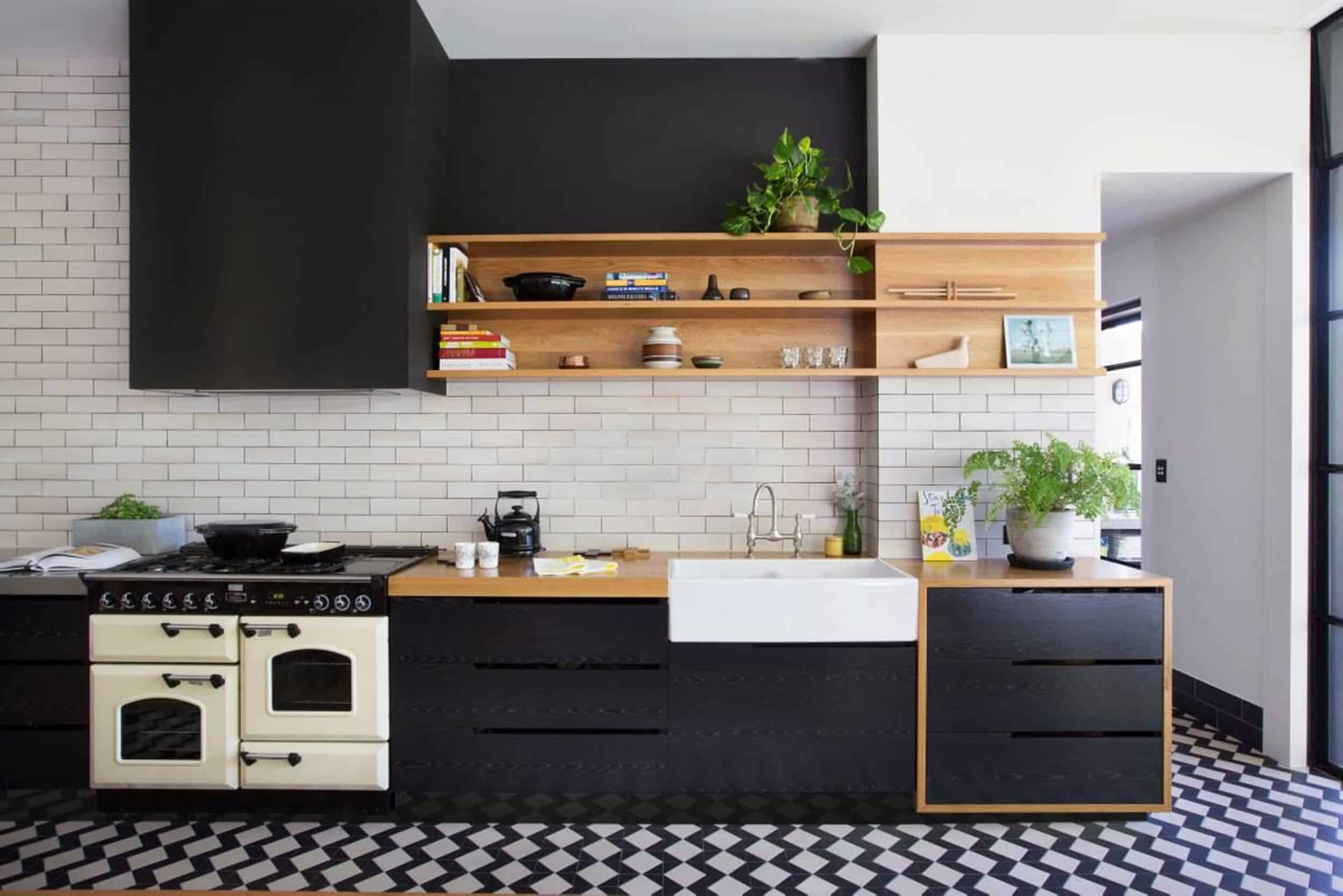 Kitchen With Black Cabinets Open Shelving