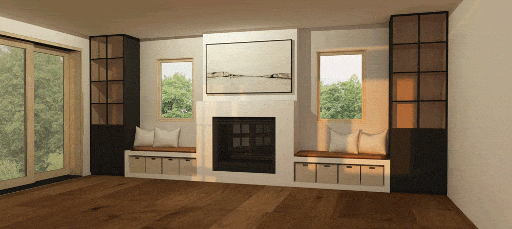 Emily Henderson Mountain Fixer Upper Family Room Fireplace Black Cabinets Gif