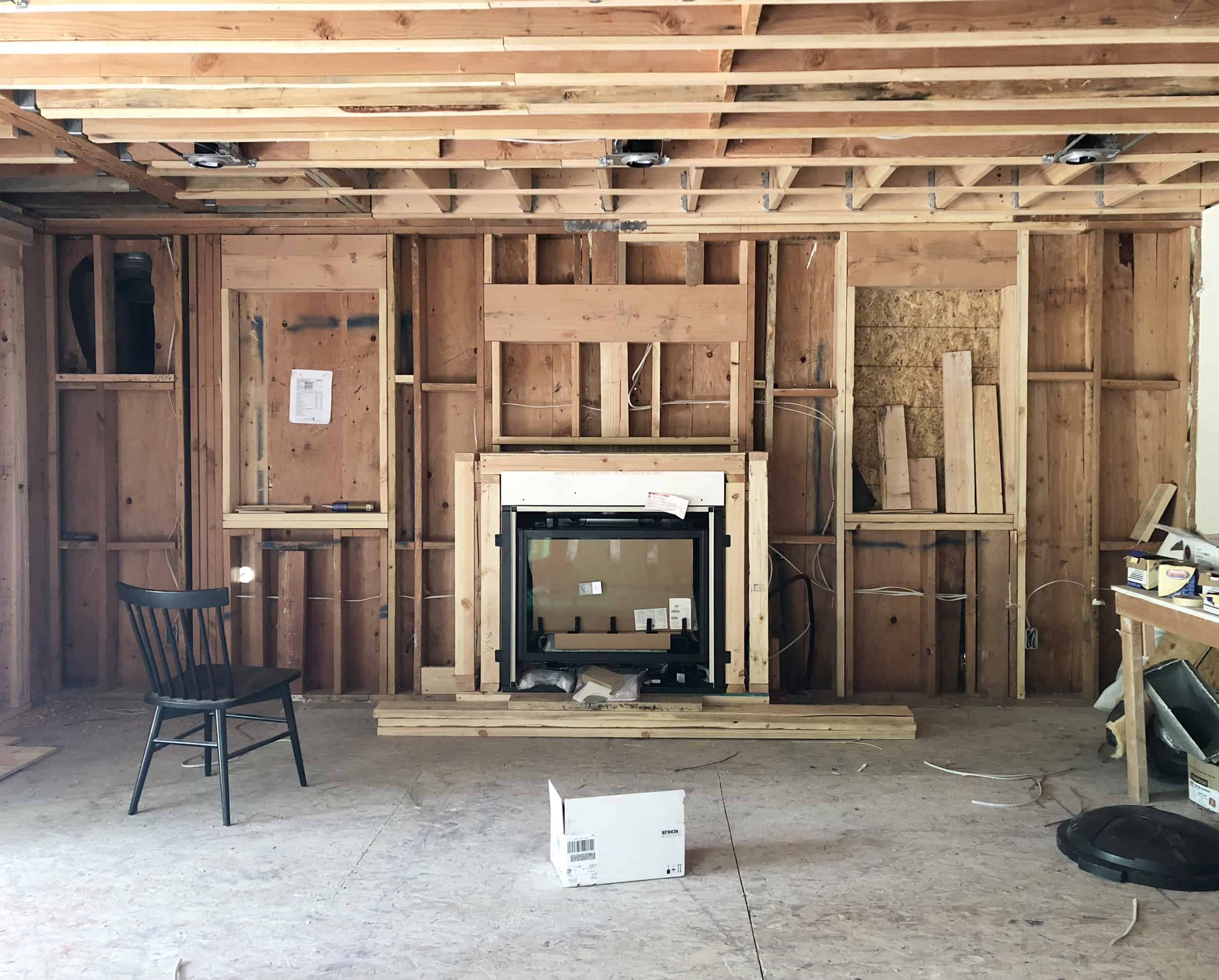 Emily Henderson Mountain Fixer Upper Family Room Fireplace Construction Progress