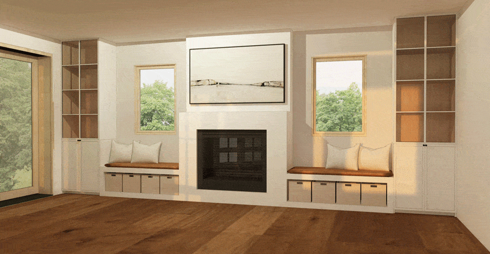 Emily Henderson Mountain Fixer Upper Family Room Fireplace Final Design White Gif