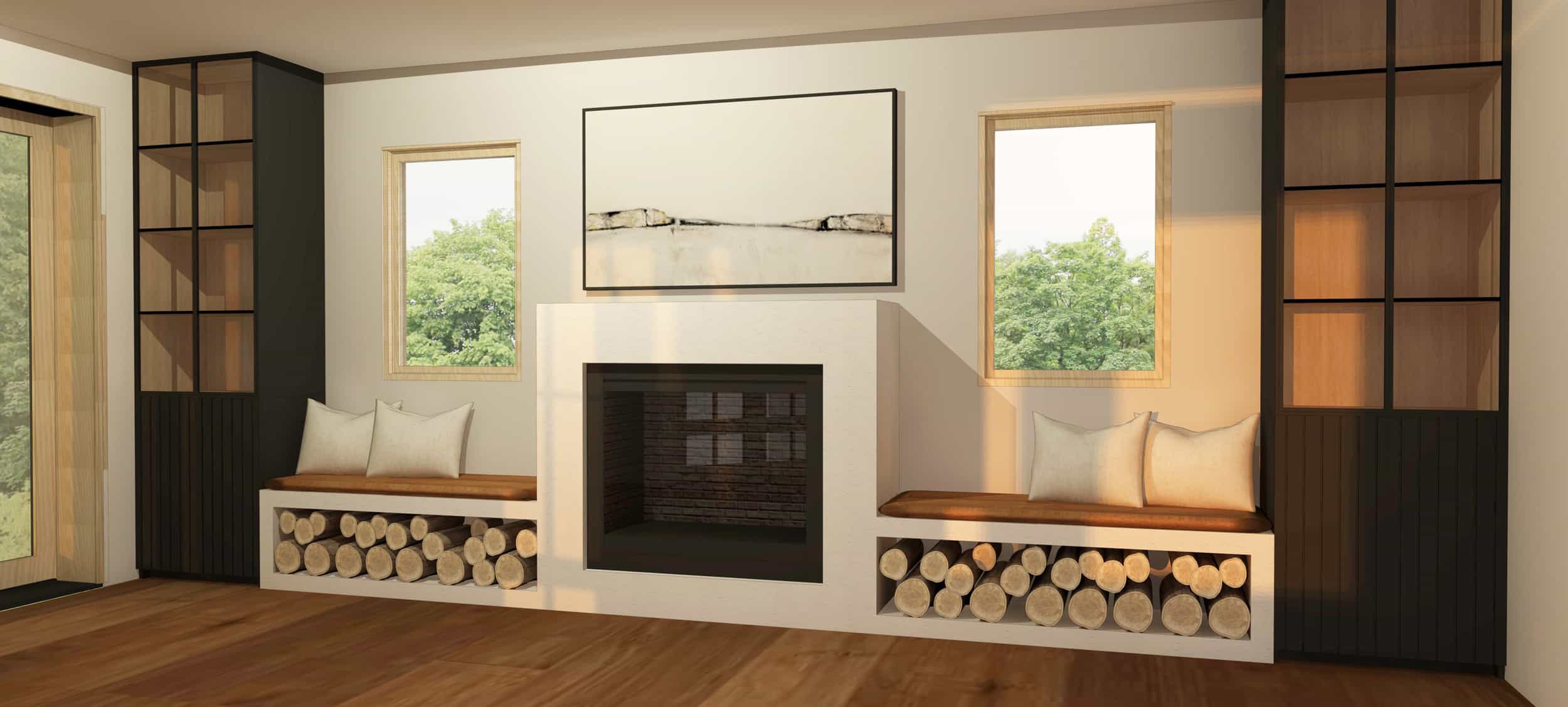 Emily Henderson Mountain Fixer Upper Family Room Fireplace Render 02
