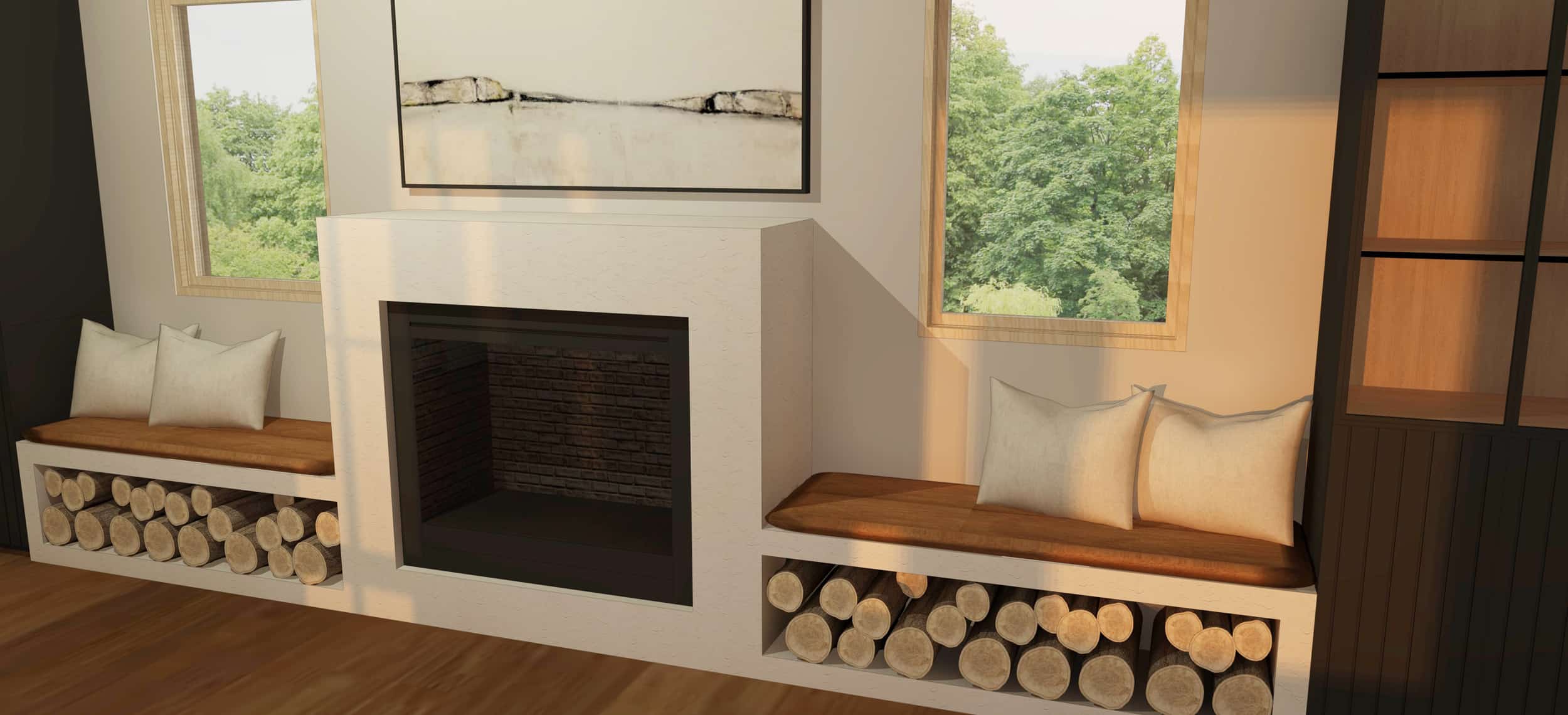 Emily Henderson Mountain Fixer Upper Family Room Fireplace Render 03