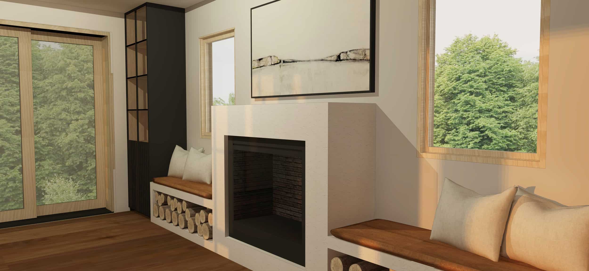 Emily Henderson Mountain Fixer Upper Family Room Fireplace Render 04
