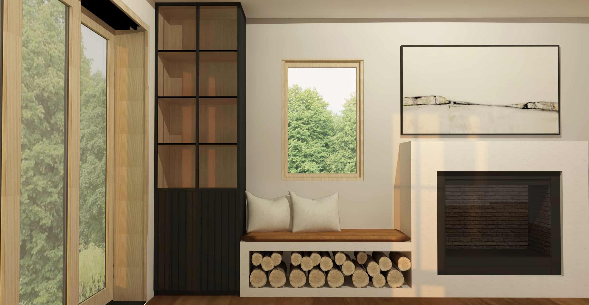 Emily Henderson Mountain Fixer Upper Family Room Fireplace Render 07