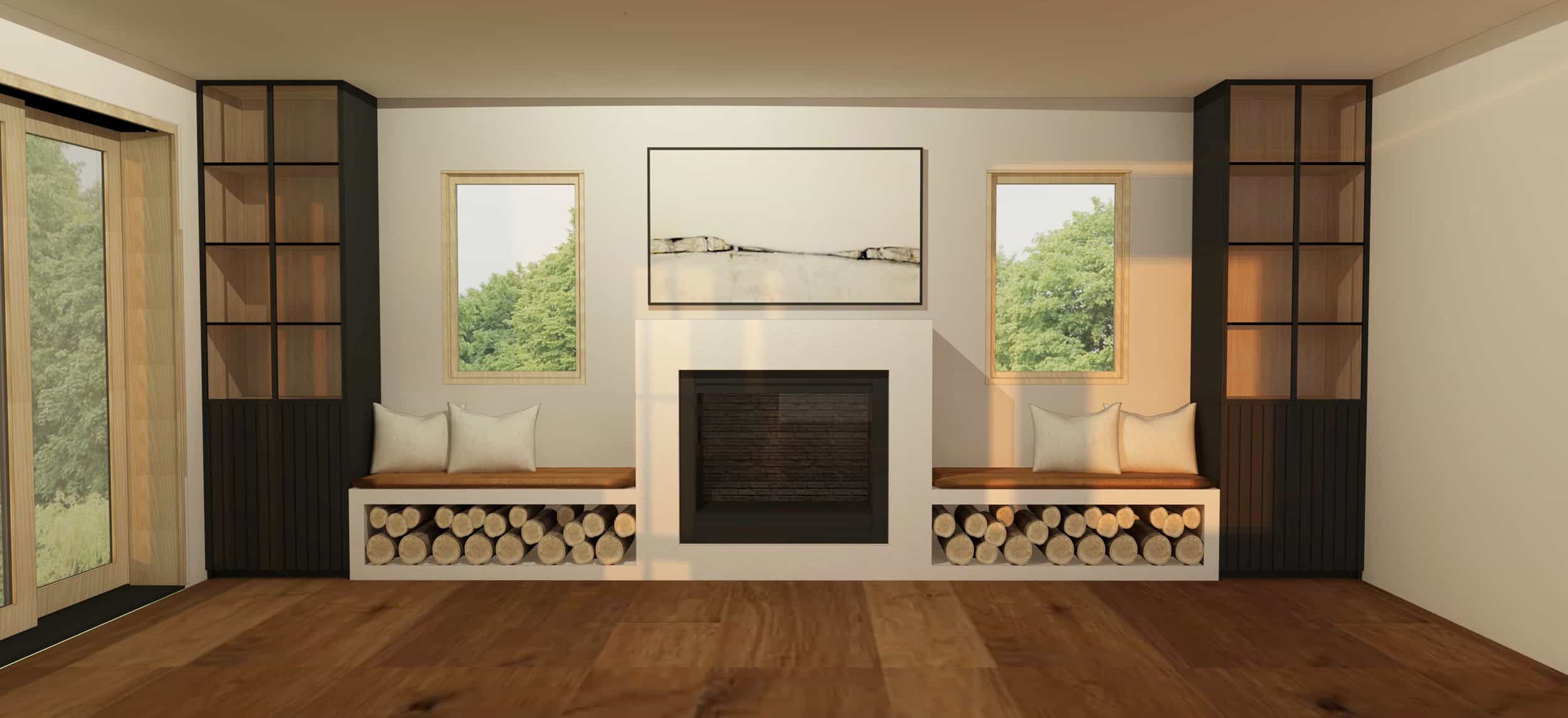 Emily Henderson Mountain Fixer Upper Family Room Fireplace Render 091