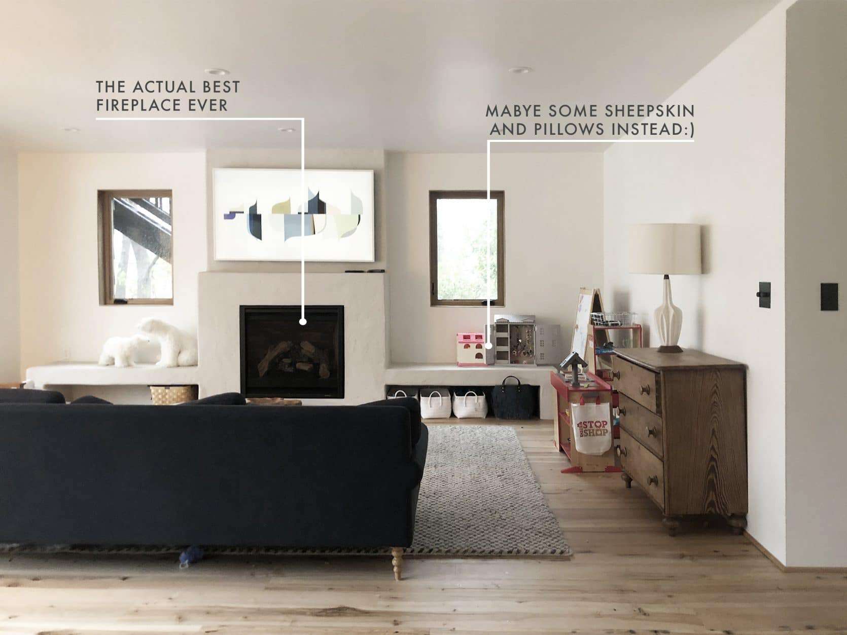 Emily Henderson Mountain House Family Room Update 1 Fireplace Text Overlay