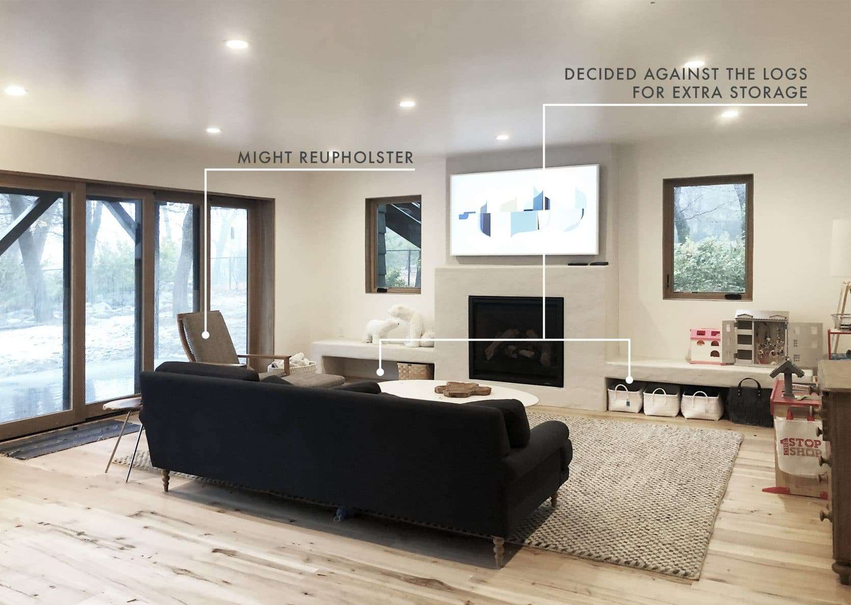Emily Henderson Mountain House Family Room Update Log And Chair Text Overlay