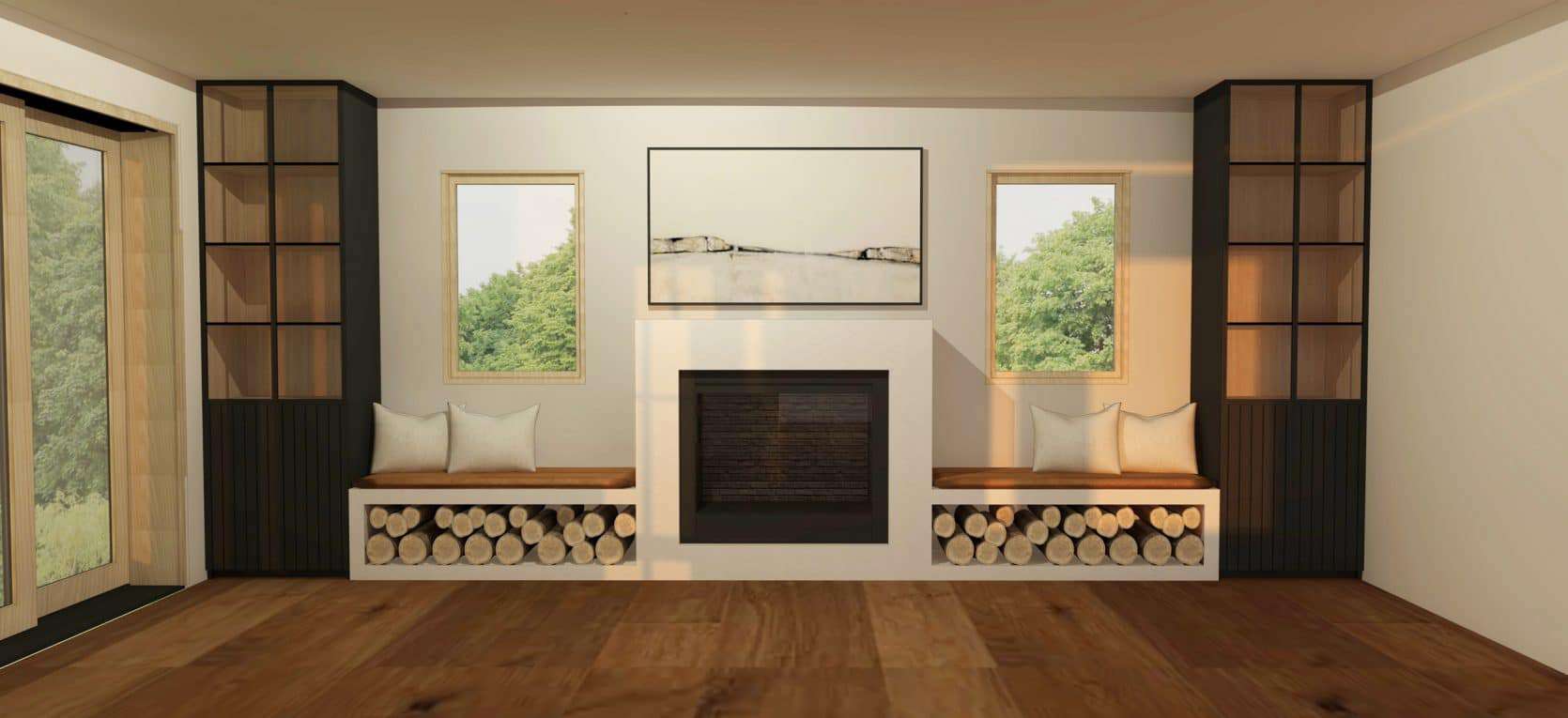 Emily Henderson Mountain Fixer Upper Family Room Fireplace Render 091