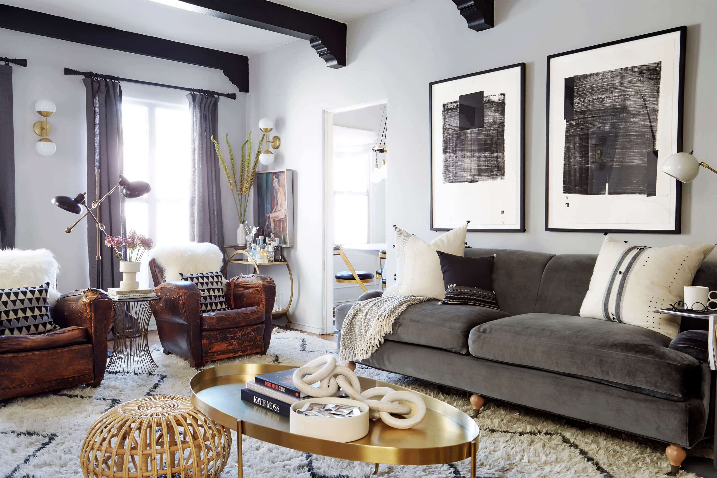 Brady Tolbert Design Emily Henderson Living Room Eclectic Pavillion Grey Farrow And Ball Brass Coffee Table English Roll Arm Albini Masculine Traditional West Elm Souk Flokati Leather 41