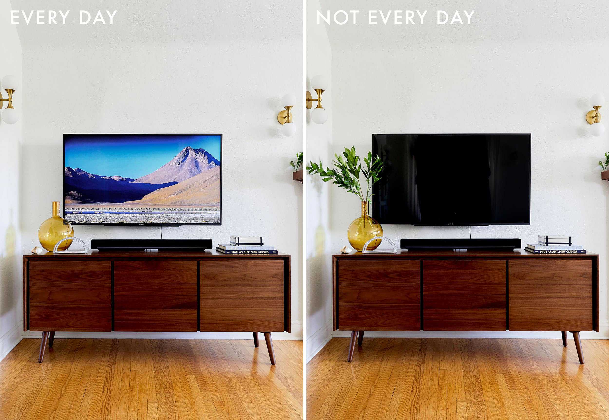 Emily Henderson Credenza Styling Tv With Soundbar Side By Side 2