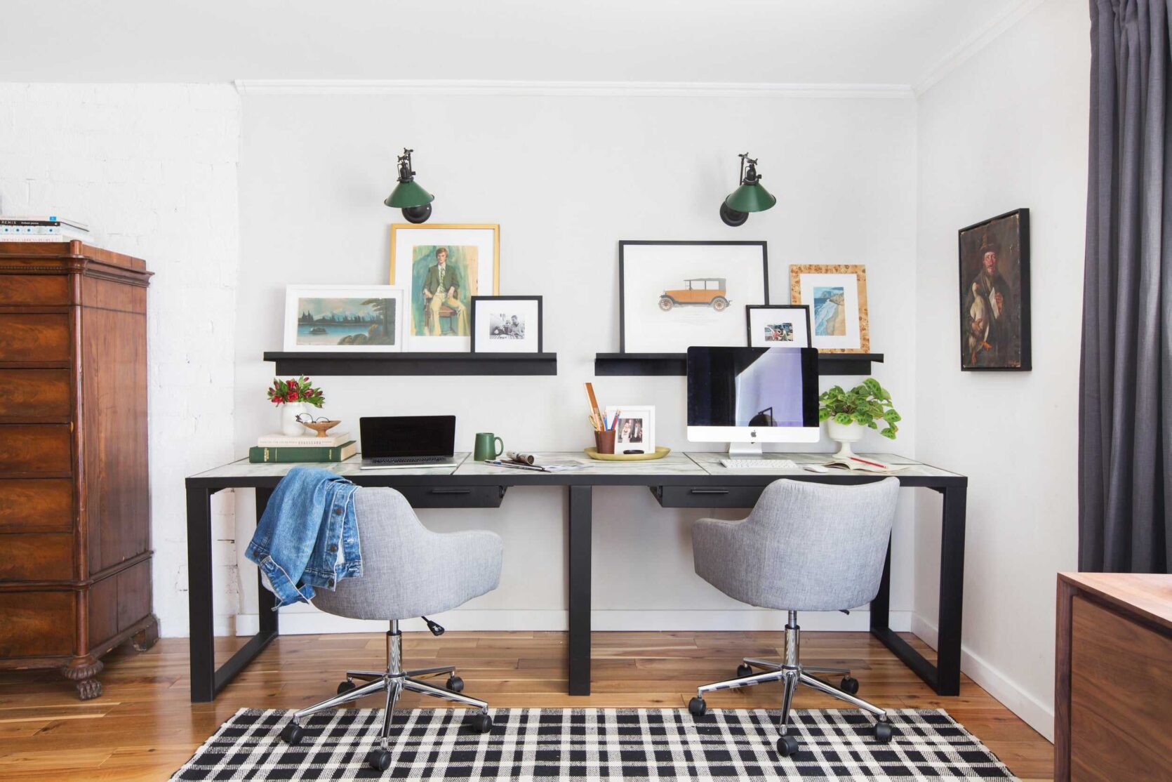 Emily Henderson Framebridge Art Ledge Brians Office Masculine Office Guy Green Plaid Rug Workspace Modern Eclectic 1