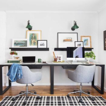 Emily Henderson Framebridge Art Ledge Brians Office Masculine Office Guy Green Plaid Rug Workspace Modern Eclectic 1