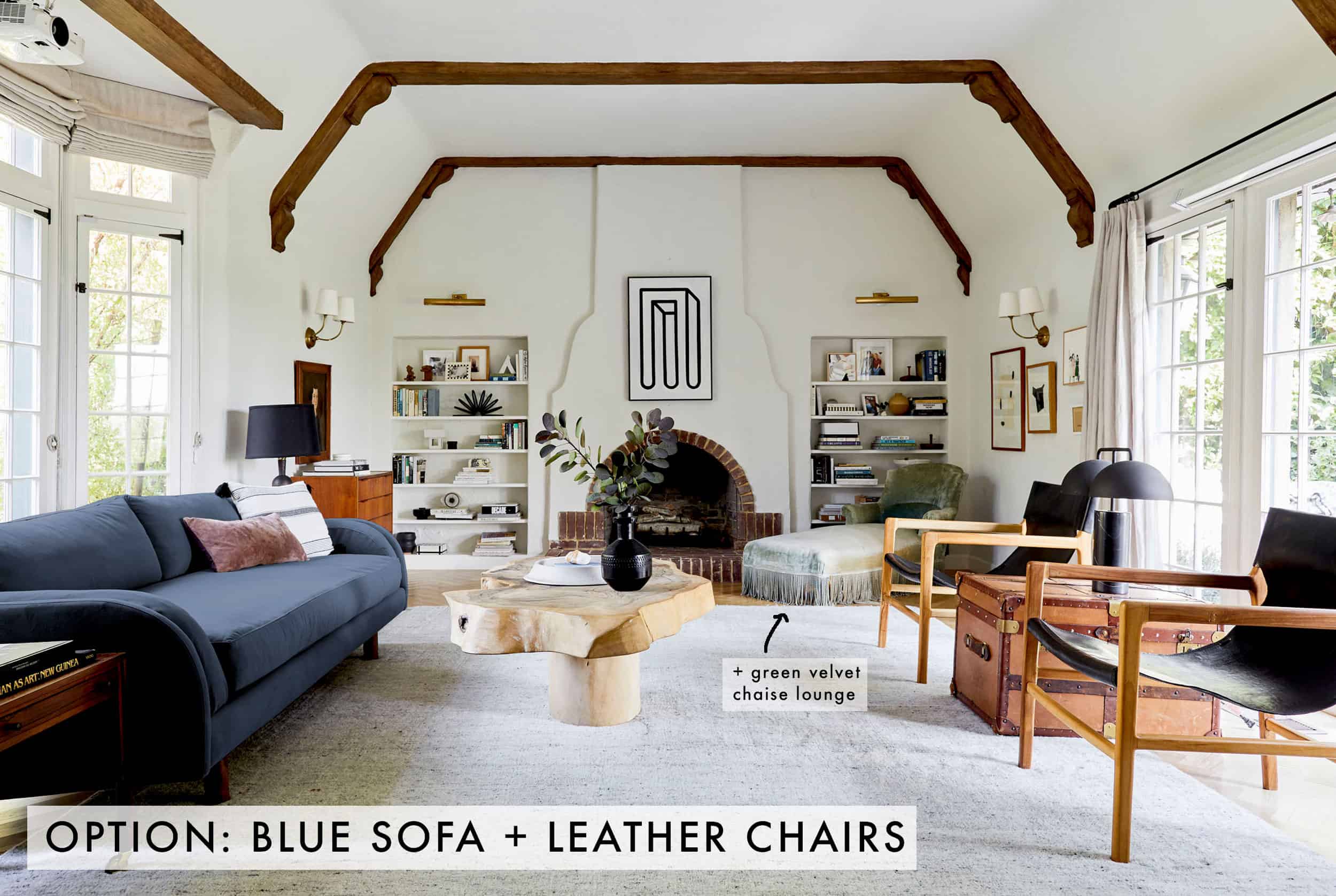Blue Sofa + Leather Chairs