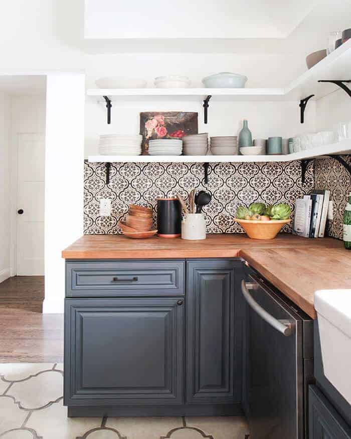 California Country_Kitchen_Emily Henderson_blue wood concrete tile open shelving causal_1