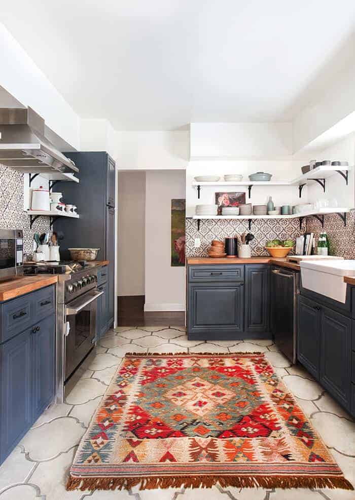 California Country_Kitchen_Emily Henderson_blue wood concrete tile open shelving causal_2