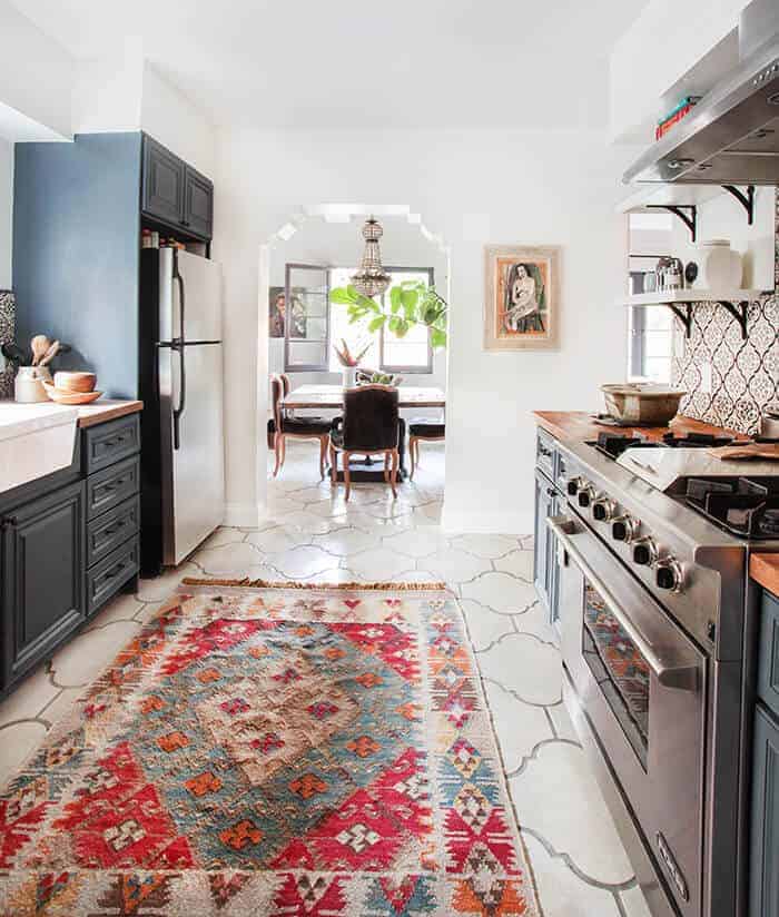 California Country_Kitchen_Emily Henderson_blue wood concrete tile open shelving causal_4