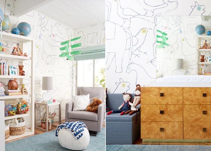 Charlie_Crib_Nursery_fit_pregnancy_blue_white_Minakani_wallpaper_emily_henderson_side by side