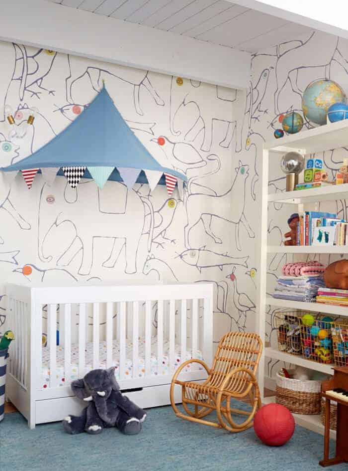 Charlieless_Crib_Nursery_fit_pregnancy_blue_white_Minakani_wallpaper_emily_henderson