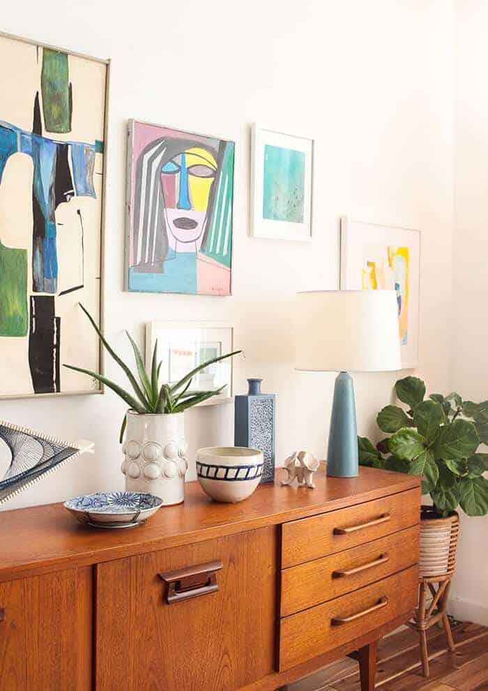 Credenza_4 Ways_Gallery Wall Pottery Succulents Woven Art_Mid Century Modern Eclectic 1