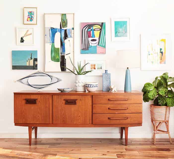 Credenza_4 Ways_Gallery Wall Pottery Succulents Woven Art_Mid Century Modern Eclectic