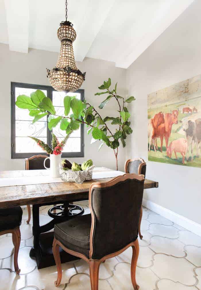 Emily Henderson_French Rustic Dining Room Crystal Chandelier Concrete Tile California Casual_overall with art