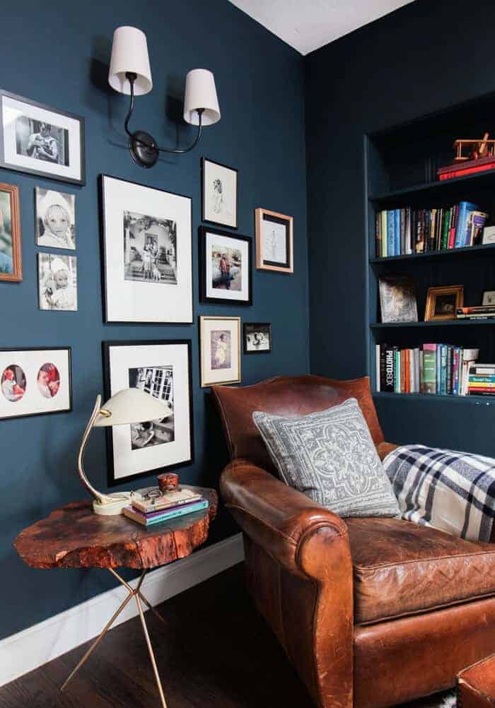 Emily Henderson_Hague Blue Reading Nook_Leather Chair_Gallery Wall_Bookshelves4