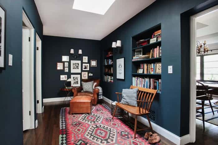 Emily-Henderson_Hague-Blue-Reading-Nook_Leather-Chair_Gallery-Wall_Bookshelves