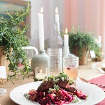 Holiday Tablescape_blue apron burgandy candles rosemary