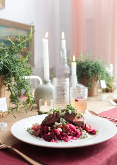 Holiday Tablescape_blue apron burgandy candles rosemary