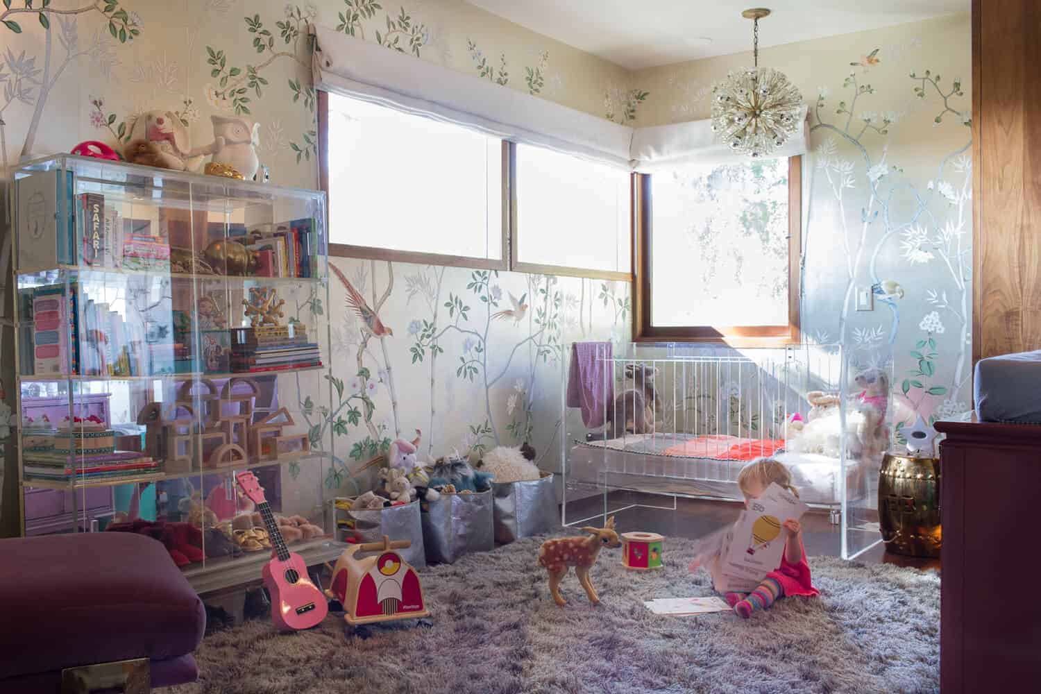 Modern Glam Nursery_Kids Room_Chinoiserie_Purple Velvet_Brass_Emily Henderson