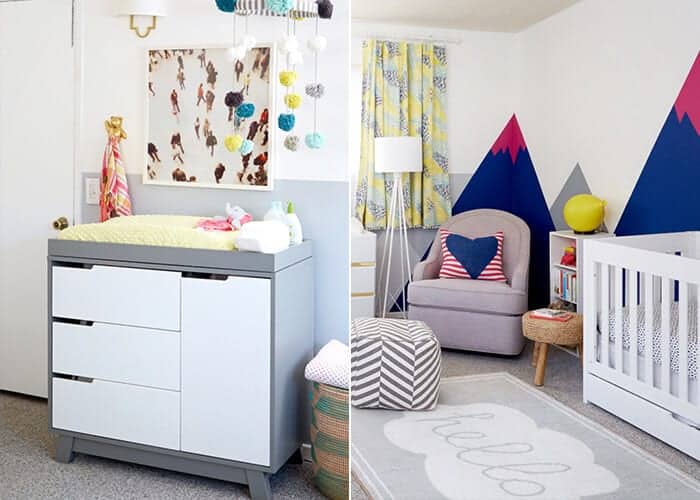 Oh Joy Nursery_Emily Henderson_Mountains_Mural_Pink_Blue_Grey_Bedroom_Side by Side